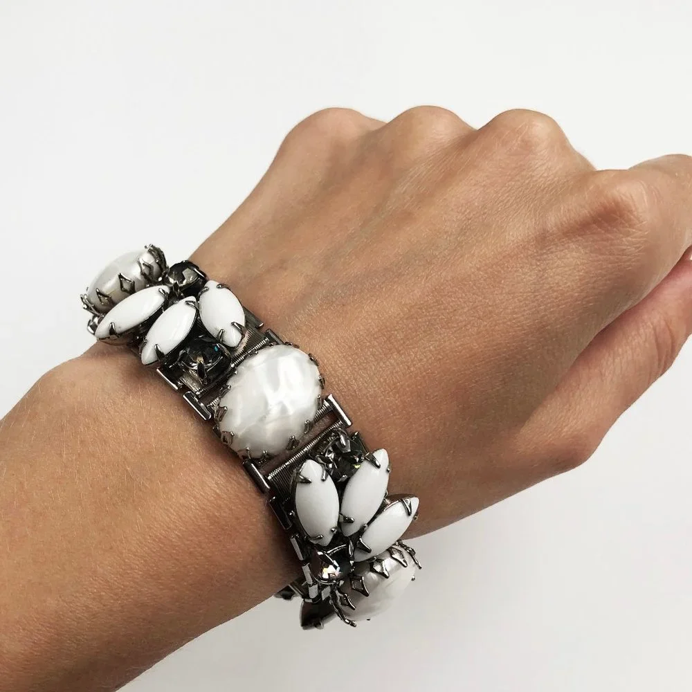 White rhinestone wide bracelet, accent silver mesh bracelet large fancy crystal
